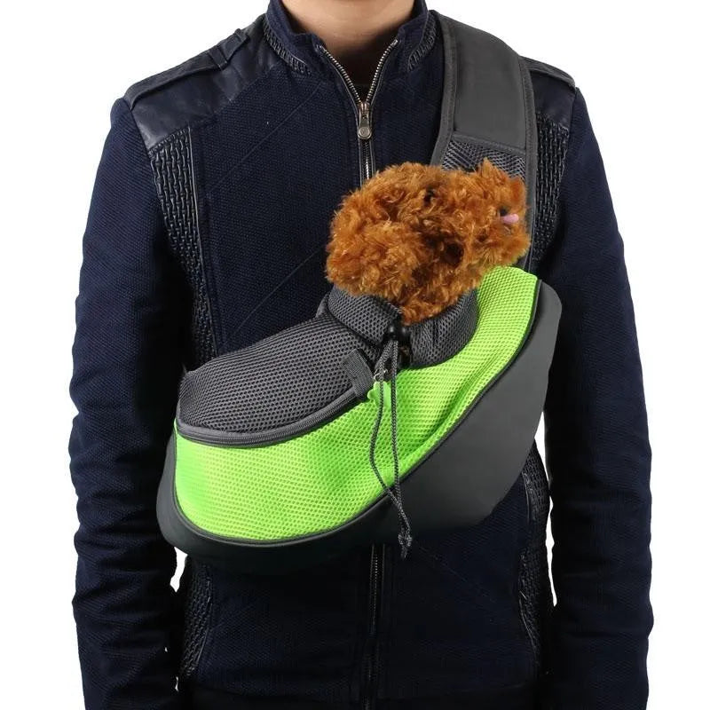 Blue pet backpack for small dogs showing size dimensions and carrying straps.