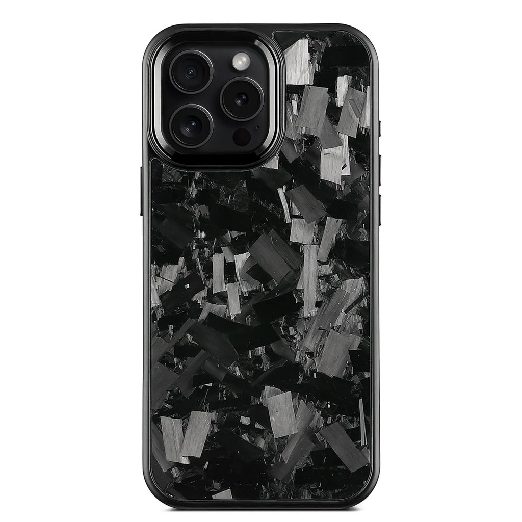 Black metal frame carbon fibre iPhone protective case with magnetic back shown alongside blue and red colour variants.