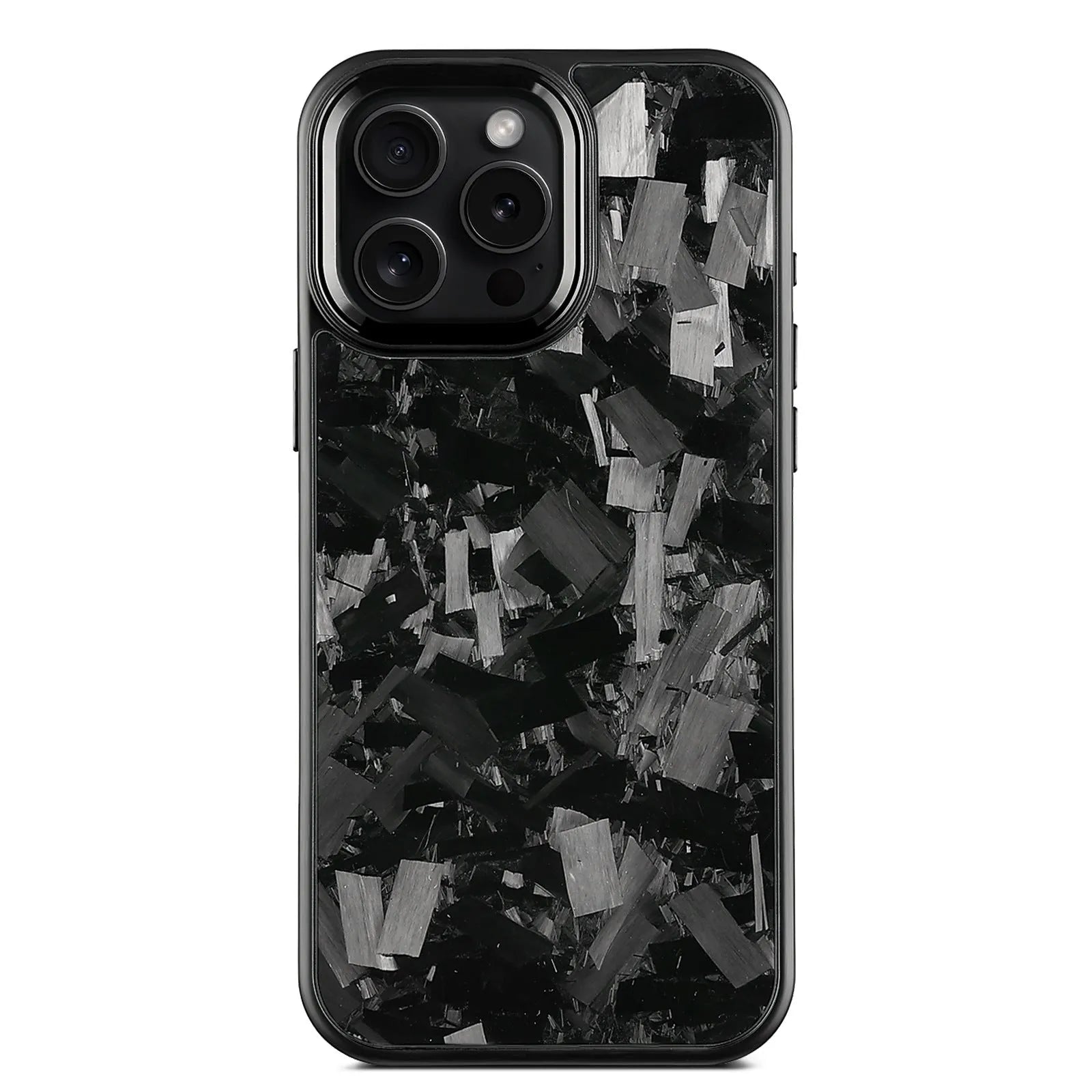 Black metal frame carbon fibre iPhone protective case with magnetic back shown alongside blue and red colour variants.