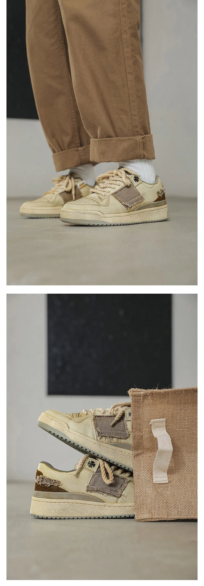 Beige low-top vintage skate shoes with round toe and front lace-up closure on a solid background.