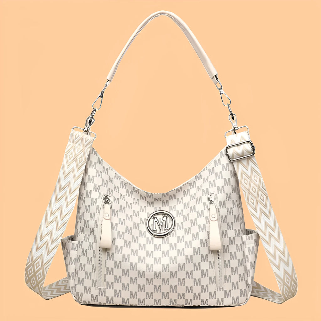 Retro simple printed shoulder messenger bag with double straps in milky white colour