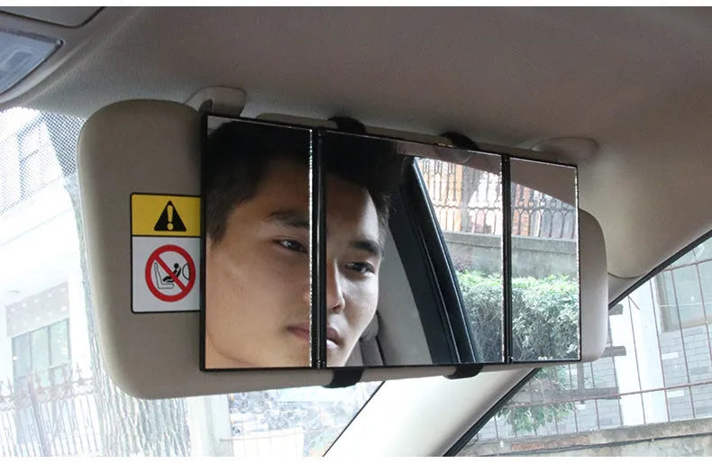 Silver car folding makeup mirror shown both closed and open with dimensions