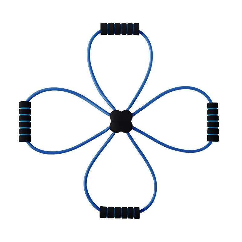 Blue or red eight-character shoulder fitness puller with TPR cross-tension device for female users.