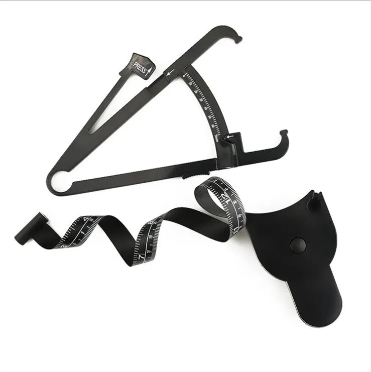 Black body fat measuring instrument with skin fold caliper and measurement tape
