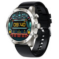 Black steel smart watch with Bluetooth calling on wrist, showing heart rate monitoring display.