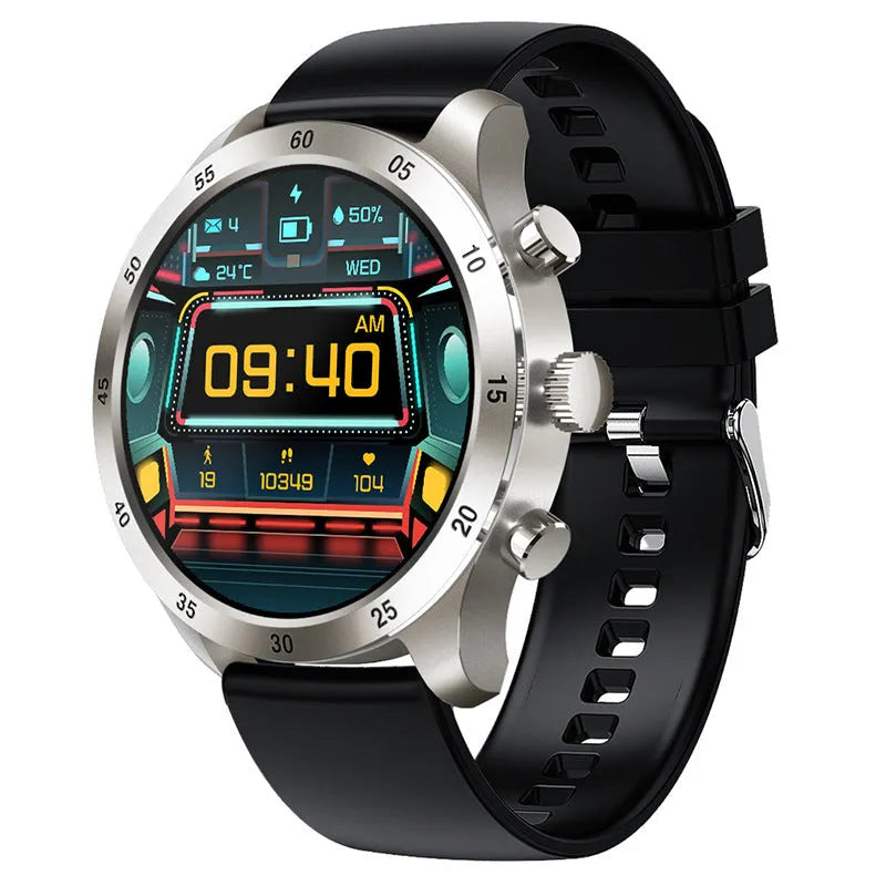 Black steel smart watch with Bluetooth calling on wrist, showing heart rate monitoring display.