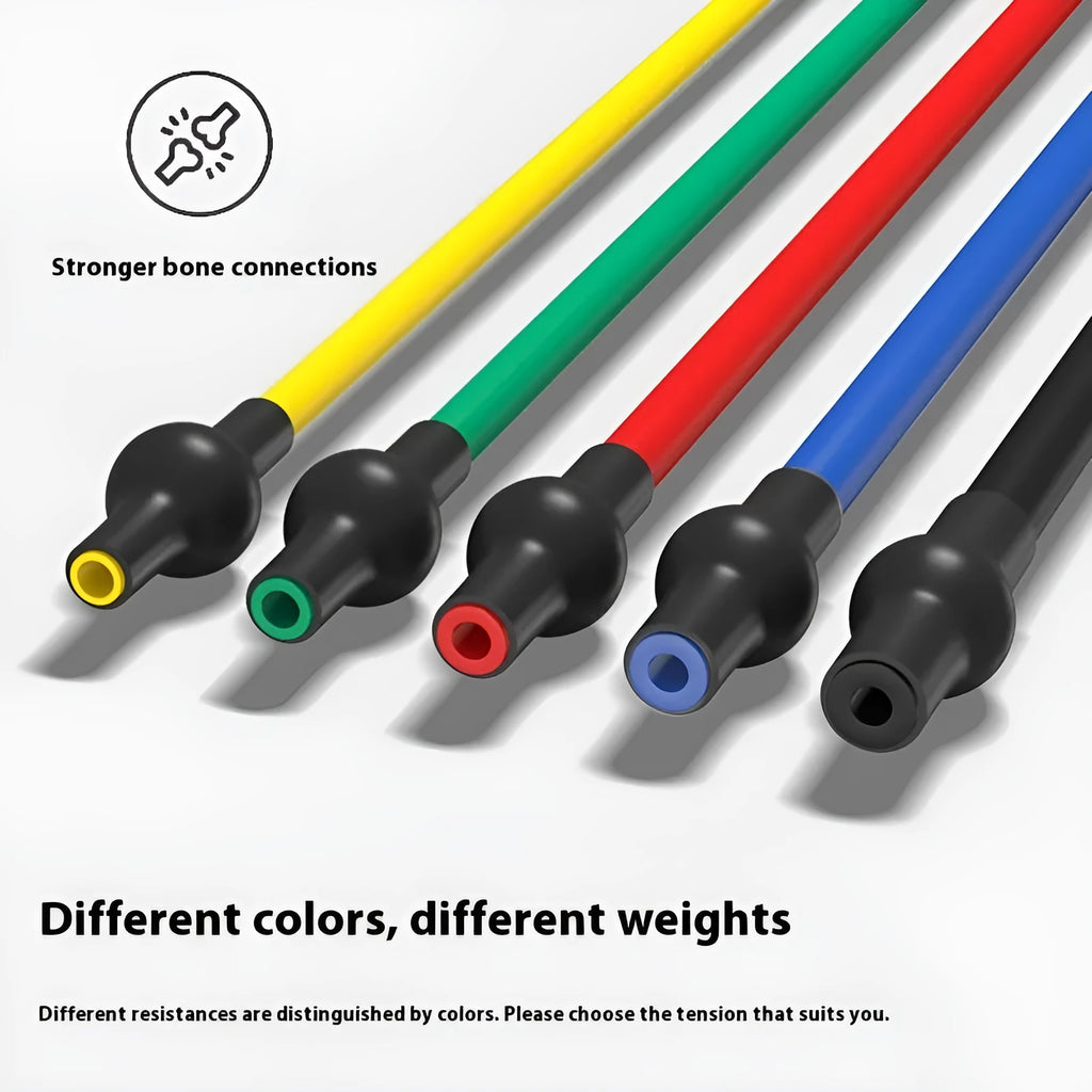 Colourful TPE chest expander tension rope shown in yellow, green, red, blue, and black resistance levels.