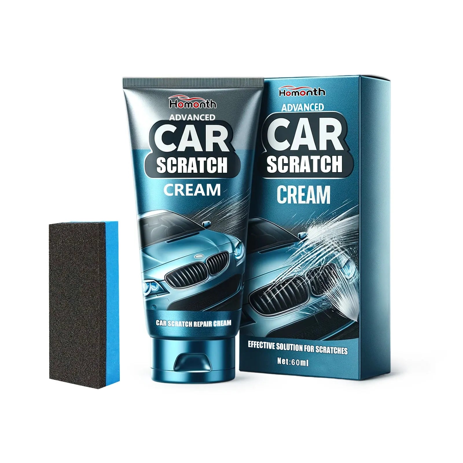 Car scratch repair cream tube and sponge for automotive paint restoration