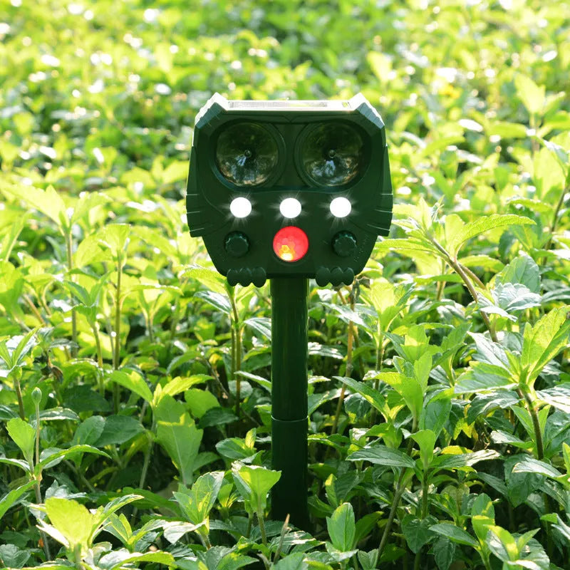Green solar ultrasonic animal repeller with solar panel on top for outdoor pest control
