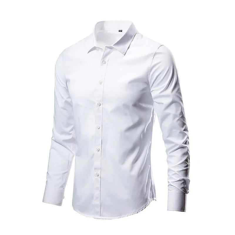Man wearing a slim fit long sleeve linen blend shirt in a solid colour, showcasing the casual style.