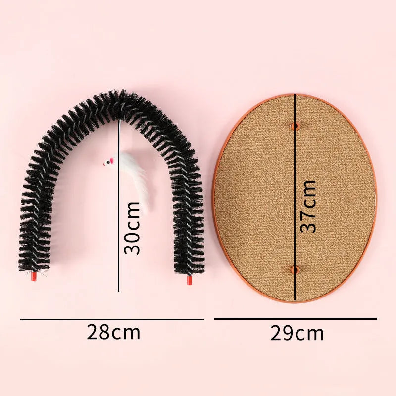 Black arch-shaped cat grooming brush with scratching surfaces and attached plush mouse toy on non-slip base