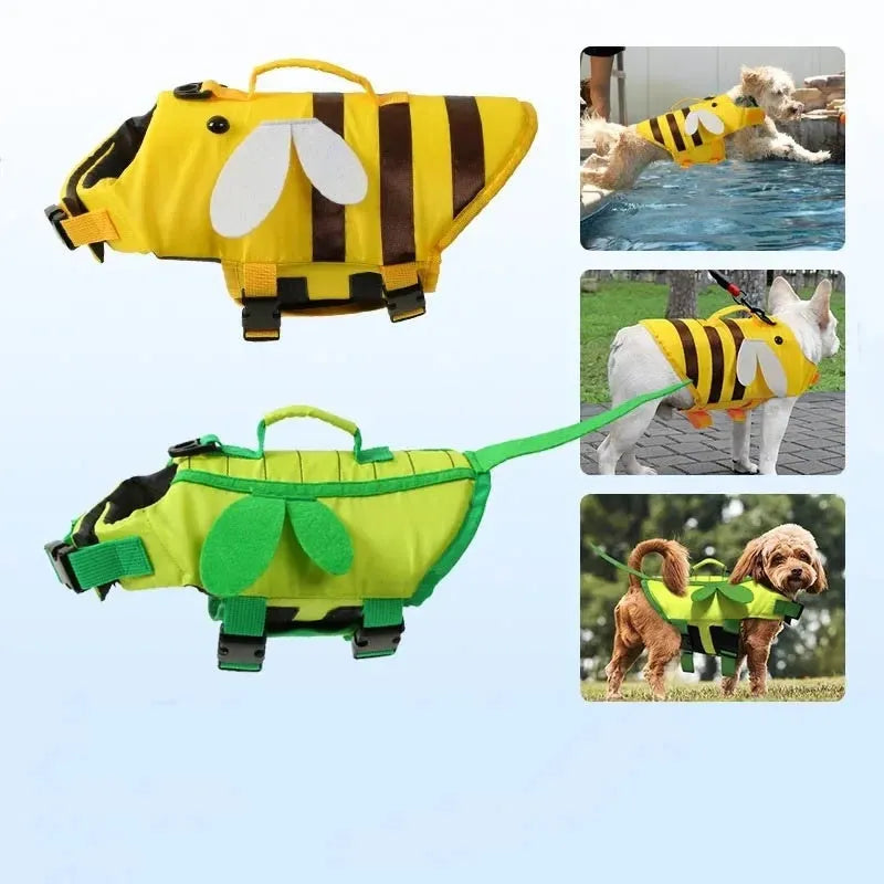 Reflective dog life vest in bright yellow with adjustable chest strap for swimming safety