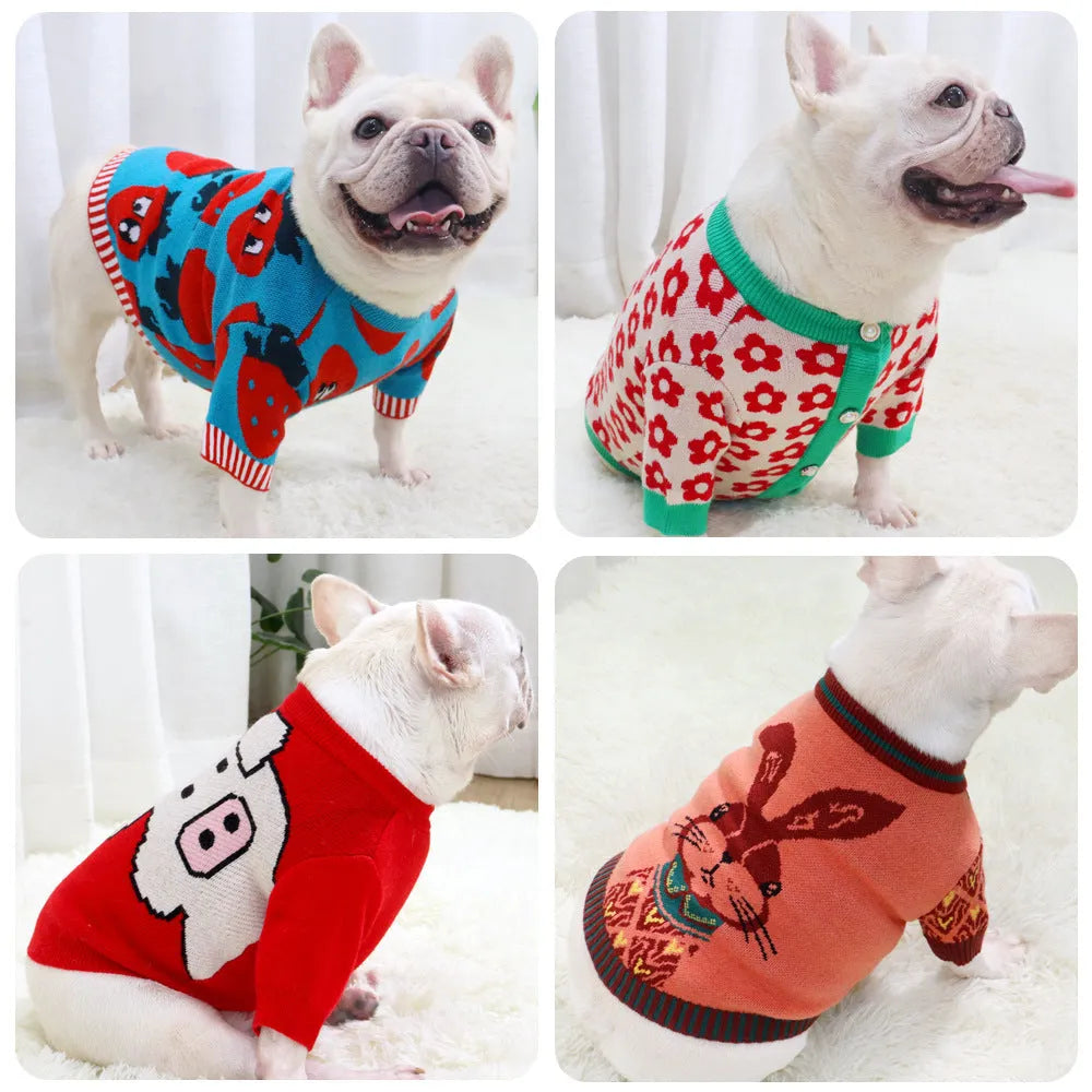 Wool dog sweater with cartoon animal design choices: rabbit, red pig, strawberry, or flower cardigan.