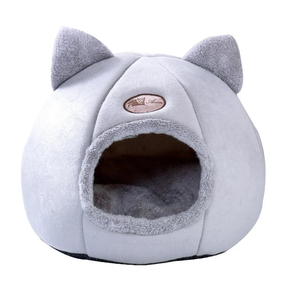 Large beige fully enclosed cat sofa winter nest with warm lining