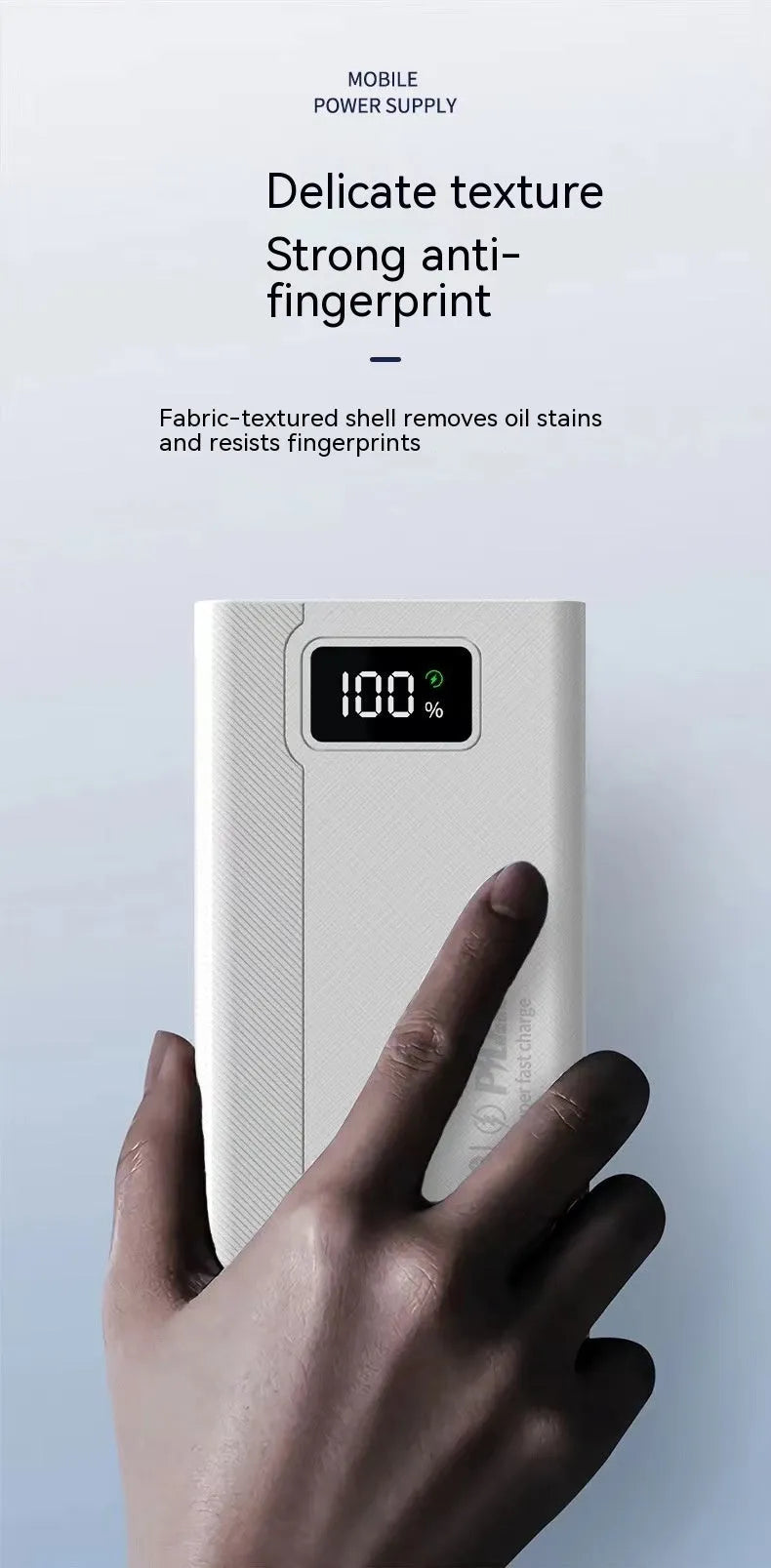 Large capacity power bank in black or white plastic casing with dimensions 150x76mm and multiple thickness options