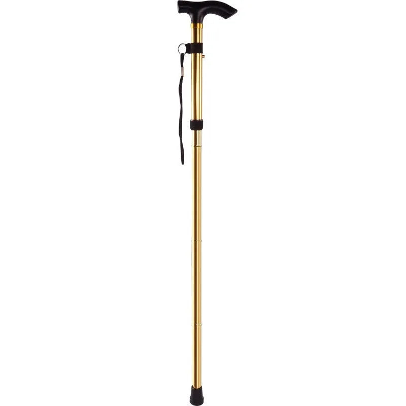 Aluminium folding walking stick extended to show adjustable height with rubber handle