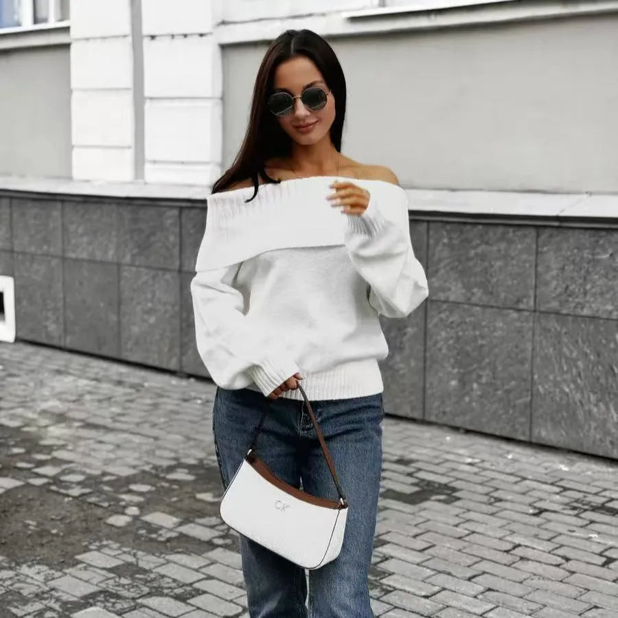 Off-the-shoulder women's sweater with 3D pattern in grey, white, or wine red colour options