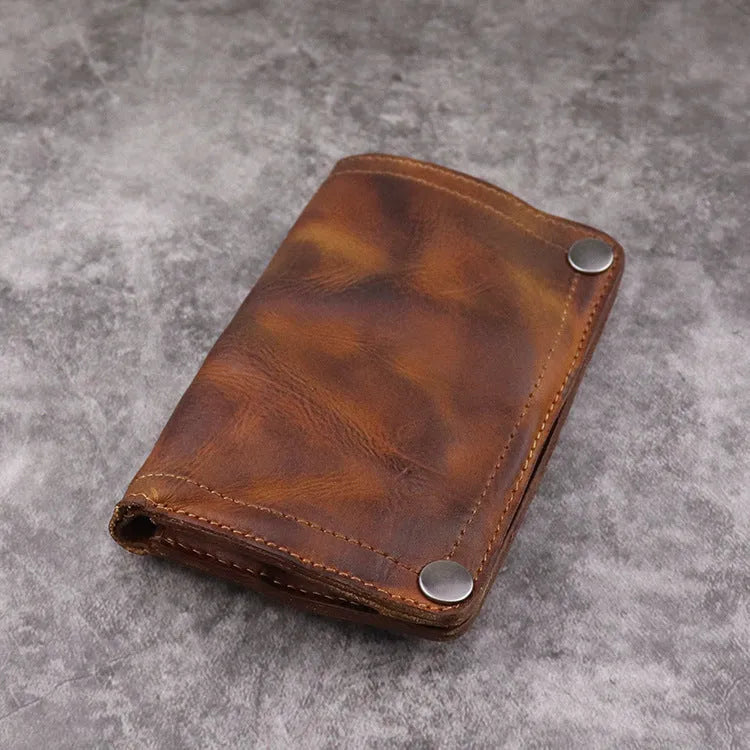 Men's retro brown genuine leather vertical wallet open showing card slots and coin pocket.