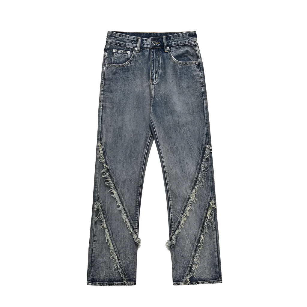 Men's blue denim punk loose straight trousers on a model, casual fit