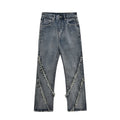 Men's blue denim punk loose straight trousers on a model, casual fit