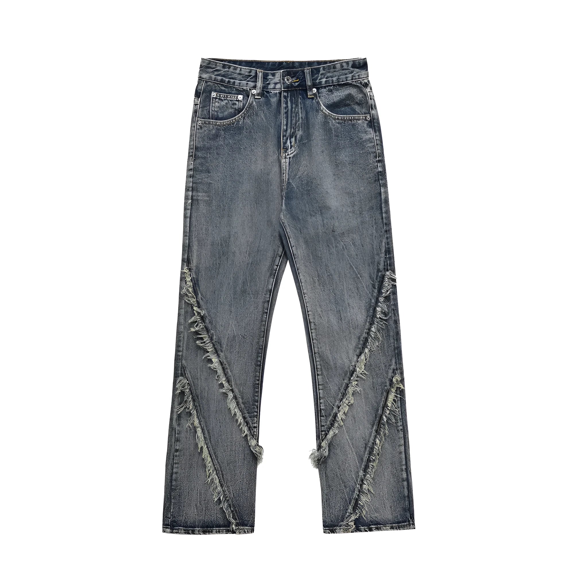 Men's blue denim punk loose straight trousers on a model, casual fit