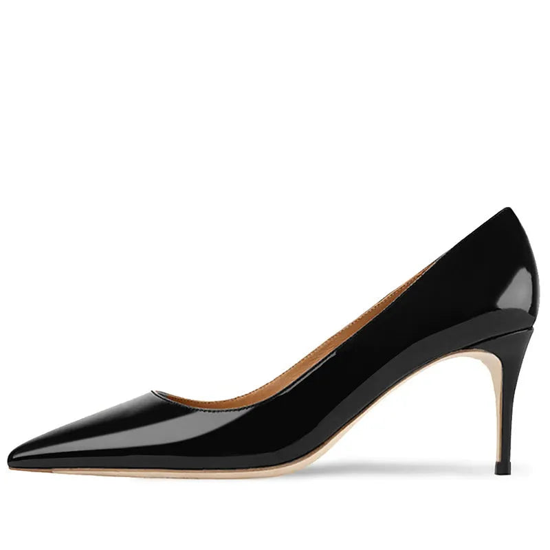 Women's black pointed toe slip-on high heels with a French mouth design on a white background.