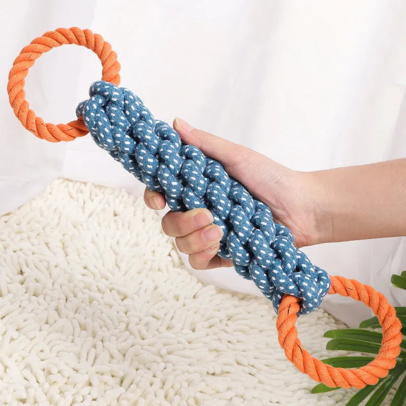 Blue double-ring cotton dog chew toy with braided bone rope centre, shown at 37 cm length