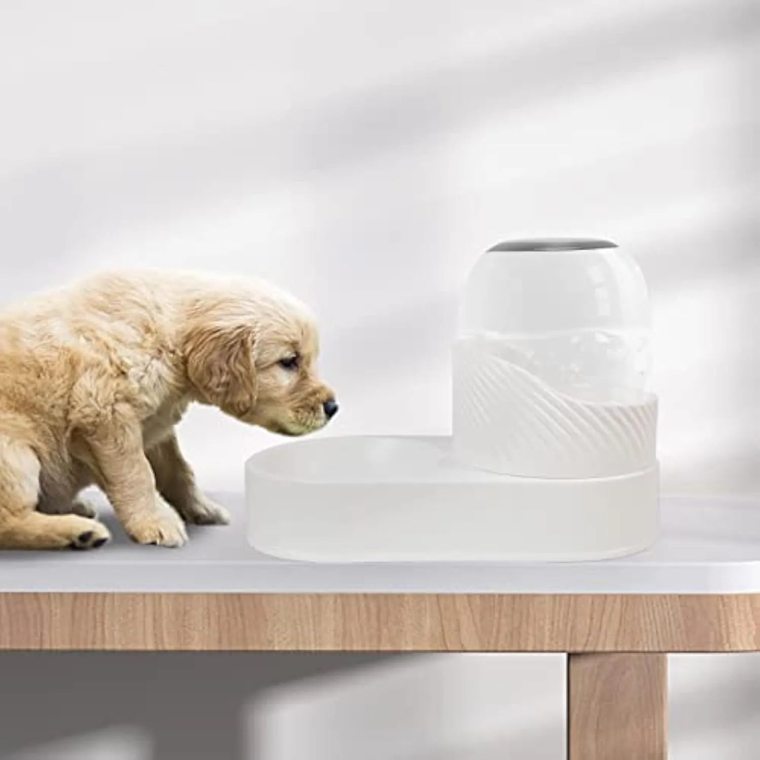 White gravity cat feeder and water dispenser set with wave-shaped design, 2L capacity each.