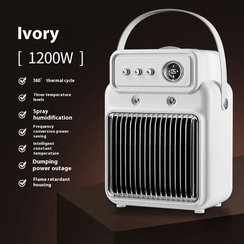 White 1200W PTC room heater with humidifying function on a tabletop.