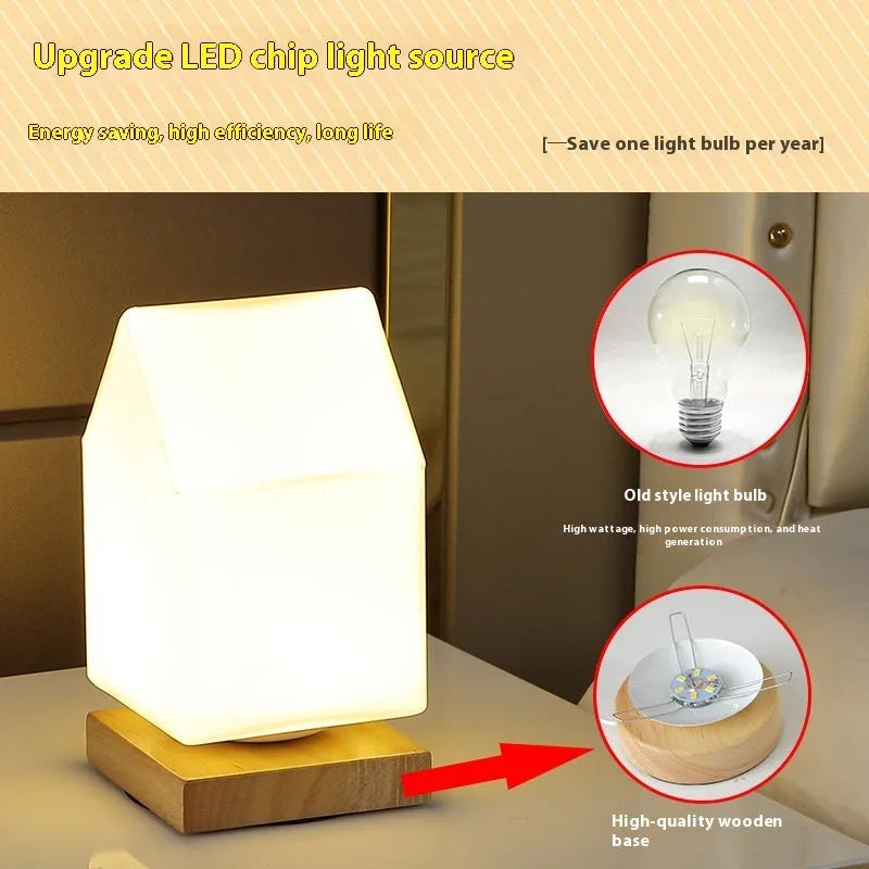 Nordic solid wood USB charging table lamp with touch dimming and flower-shaped white shade.