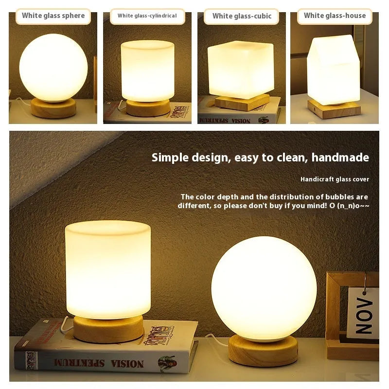 Nordic solid wood USB charging table lamp with touch dimming and flower-shaped white shade.