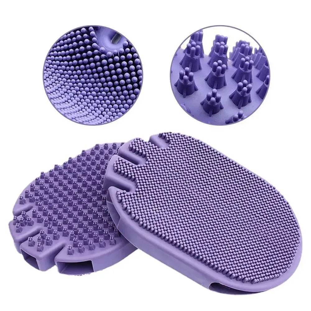 Purple pet shampoo brush with silicone bristles for dog and cat grooming during bathing