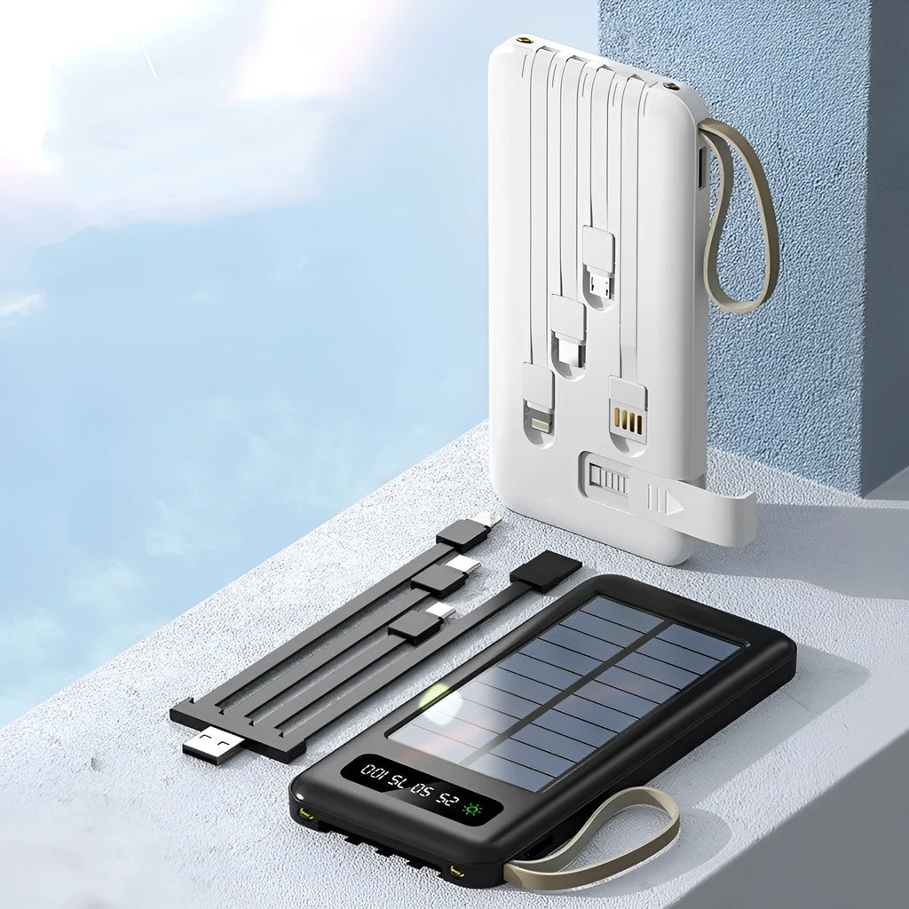 Solar power bank in black or white with polymer lithium-ion cells and solar charging panel