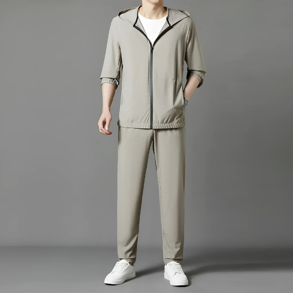 Korean-style loose grey sun-protective hooded suit with trousers for summer leisure wear