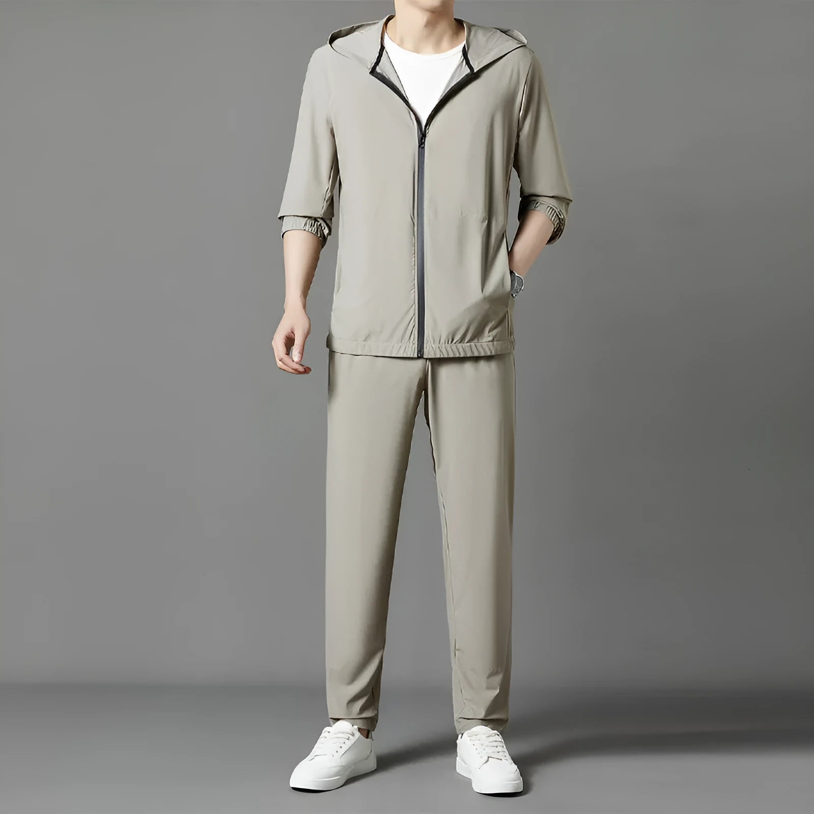 Korean-style loose grey sun-protective hooded suit with trousers for summer leisure wear
