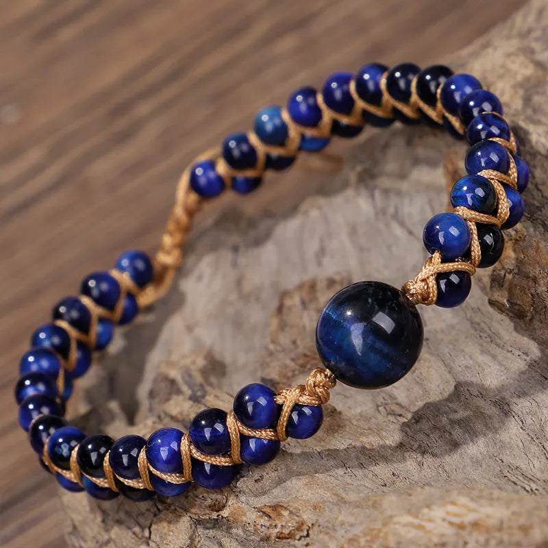 Handwoven geometric bracelet with sliding knot and natural stone bead in Amethyst or Tiger Eye