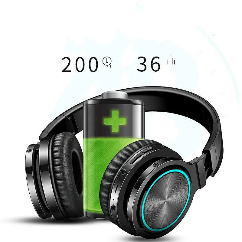 Folding wireless Bluetooth headset in black, black and red, or white and grey colours showing head-mounted design