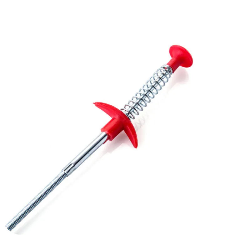Black flexible sewer dredger spring drain cleaning tool with a textured grip on a white background.