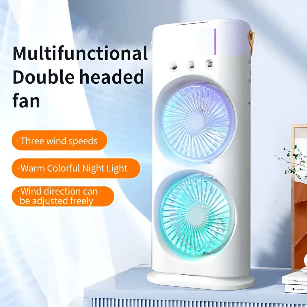White portable USB desk humidifying fan with double spray heads and remote control.