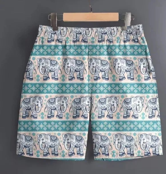 Men's casual polyester shorts in striped, plaid, camouflage, floral, dot, and solid colour patterns.