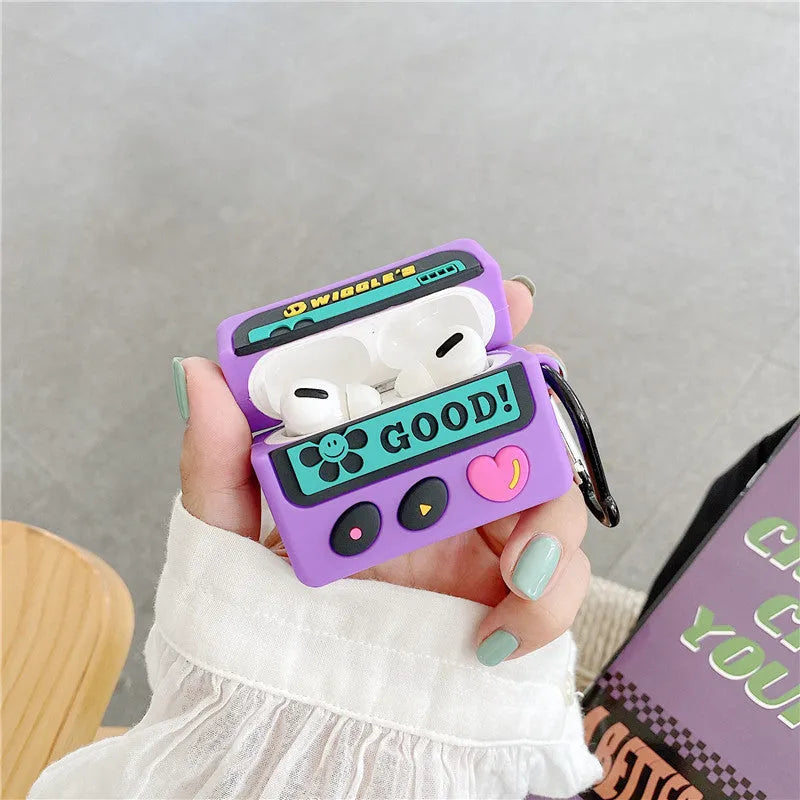Purple retro silicone back cover case for AirPods 1 2 and Pro 3 with hook attached