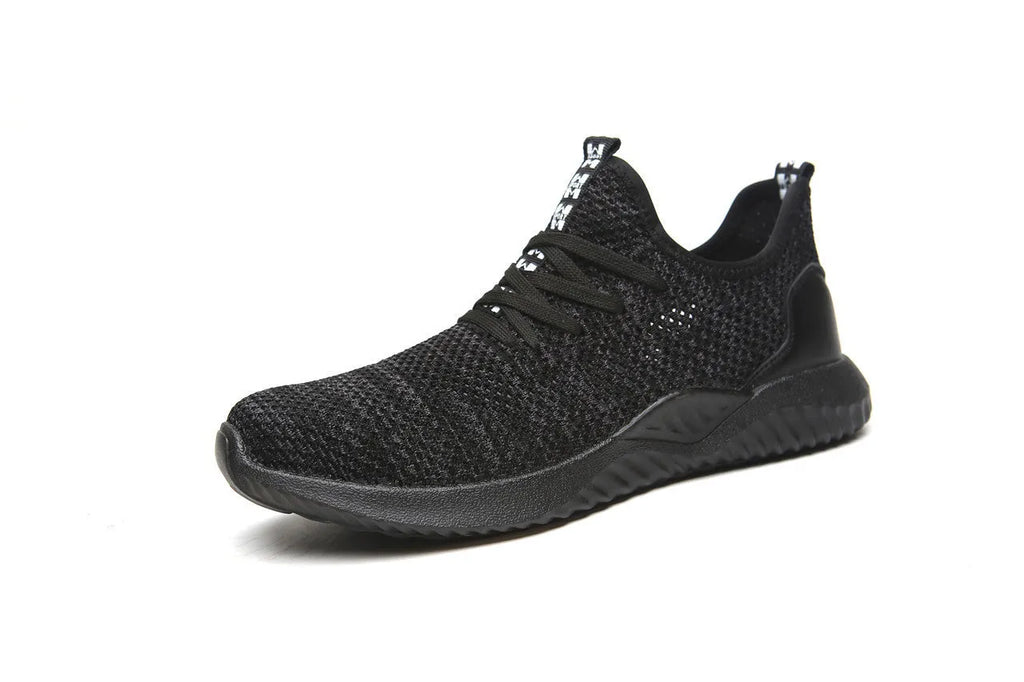 Men's black safety work shoes with steel toe cap on a grey background