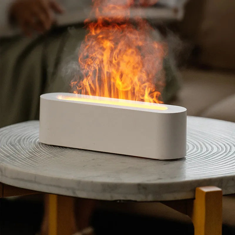 White square flame aroma diffuser with LED lights emitting cool mist humidification