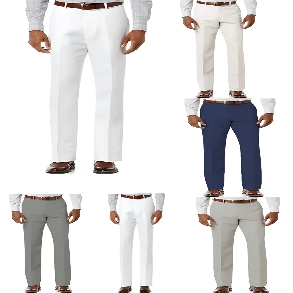 Men's solid colour linen-cotton trousers with slant pockets on a basic style.