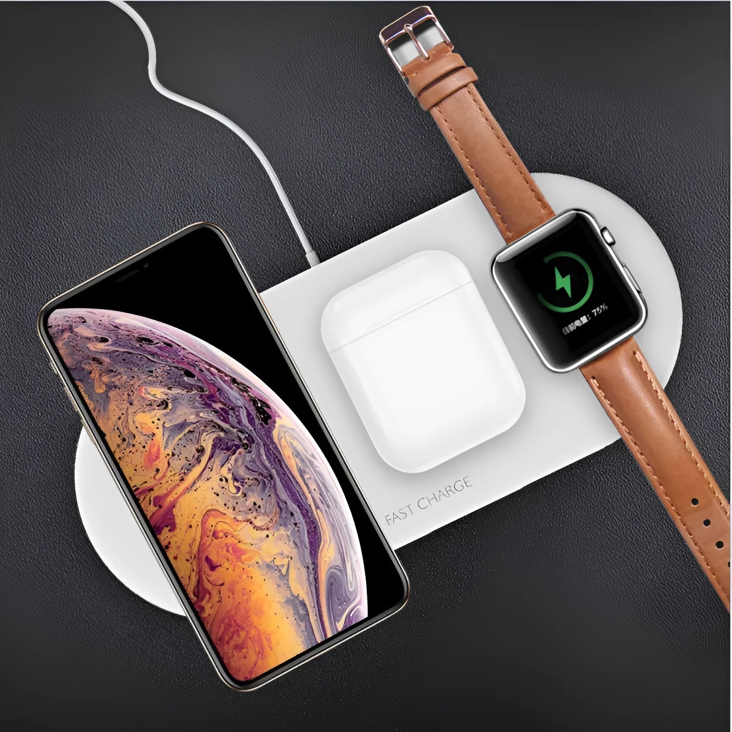 Black 3-in-1 wireless charging station for Apple phones, watches and earbuds on desk