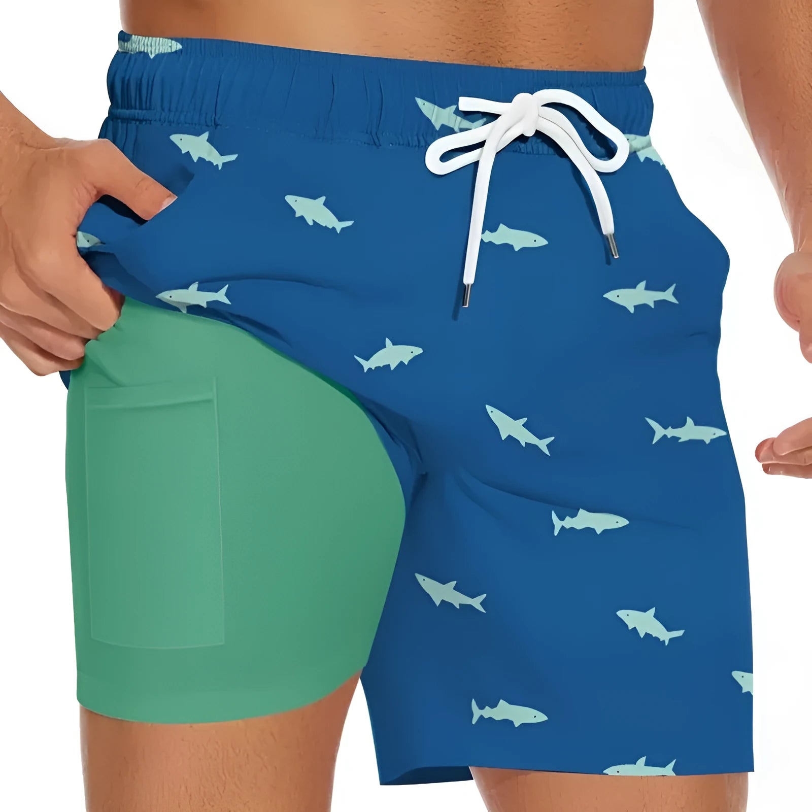 Men's black swim shorts with a printed shark design and white drawstring waistband