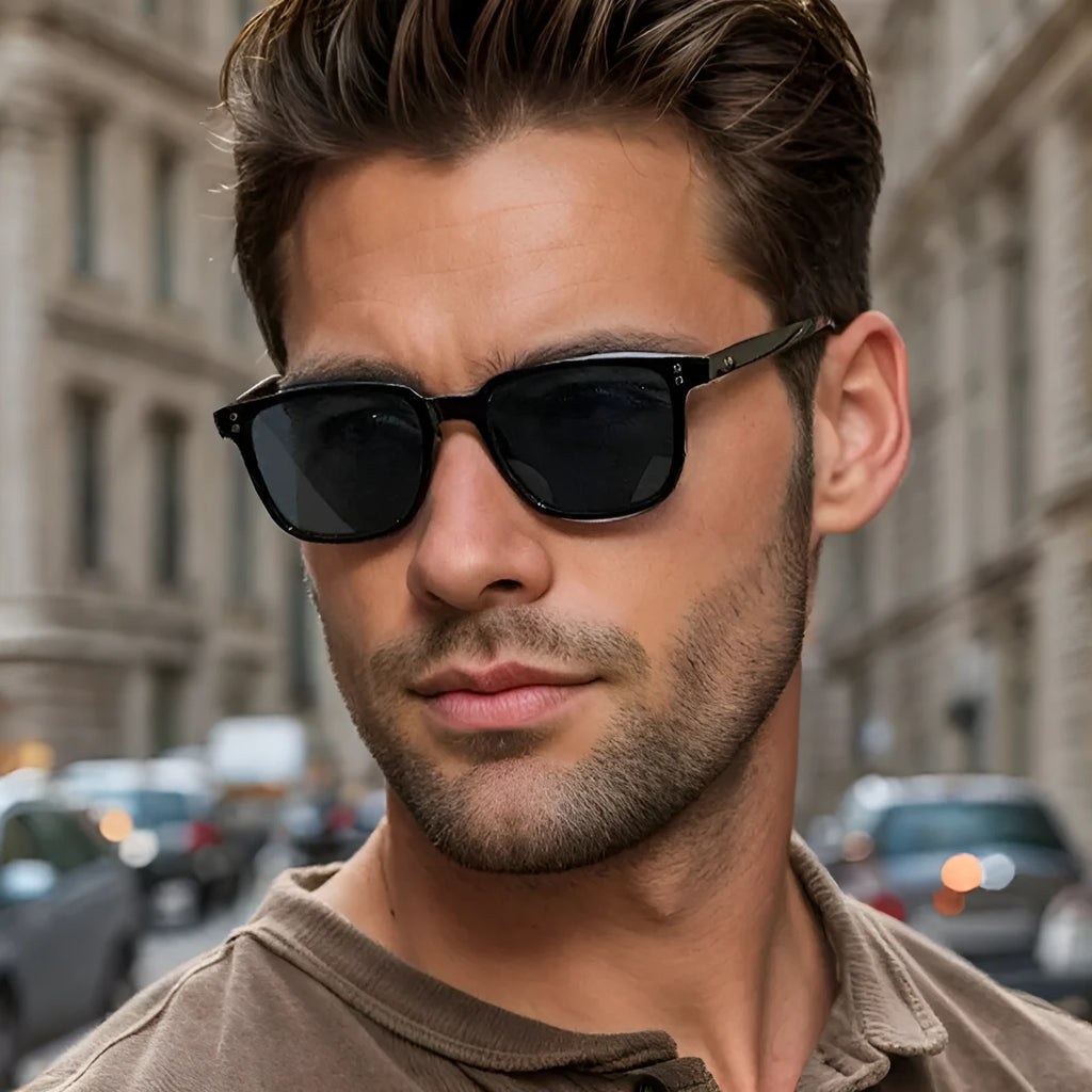 Men's UV400 sunglasses with black frame and grey AC lens, box style, casual European American design