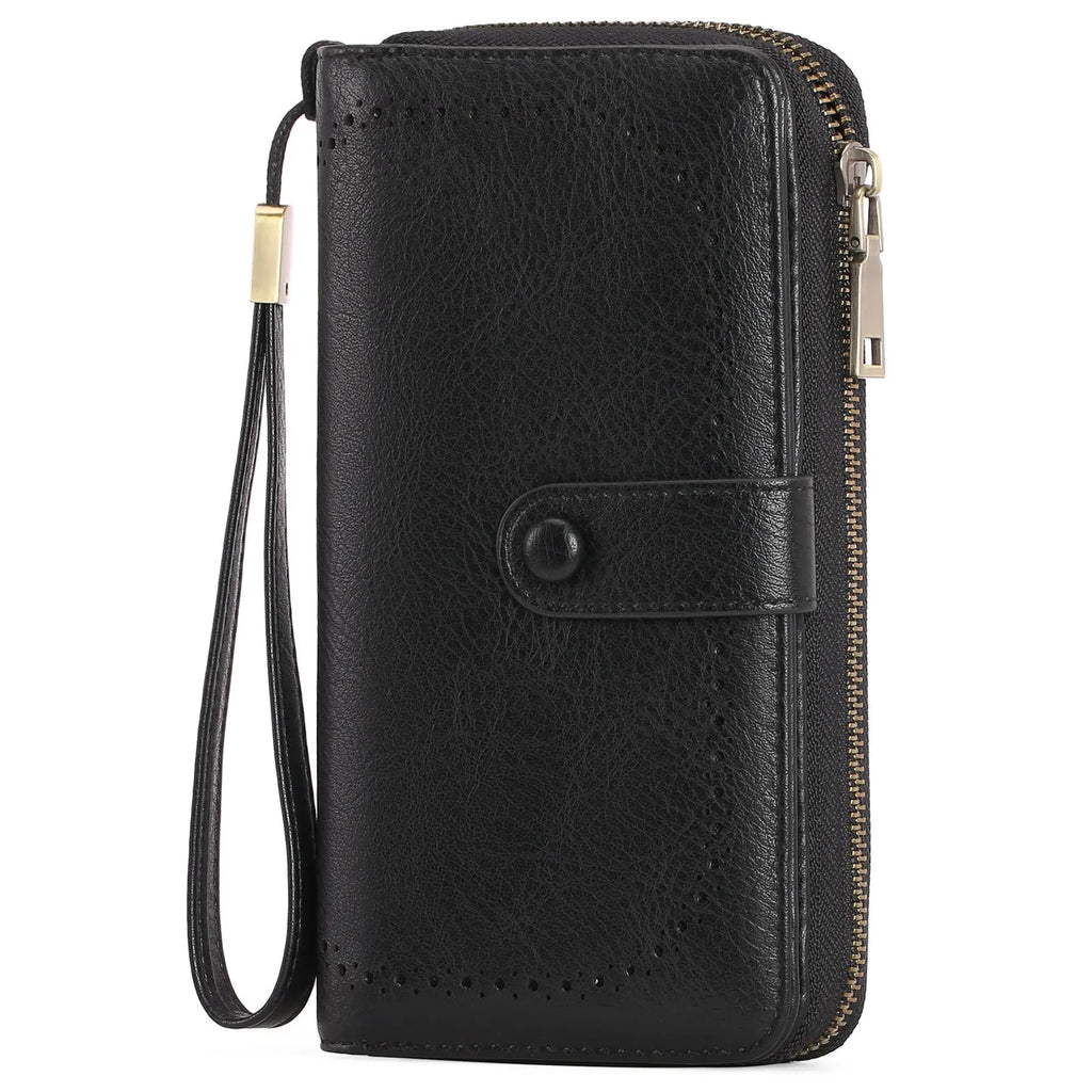 Women's expanding long wallet in light blue with card slots, passport pocket, and anti-theft swiping feature.