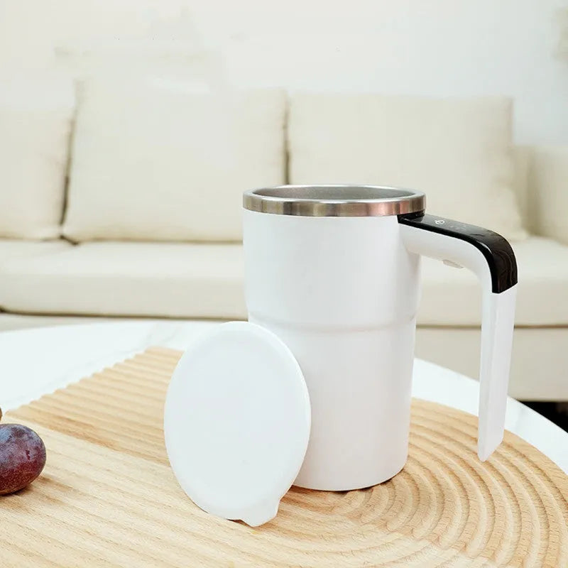 White electric automatic magnetic stirring mug with LCD temperature display on black base