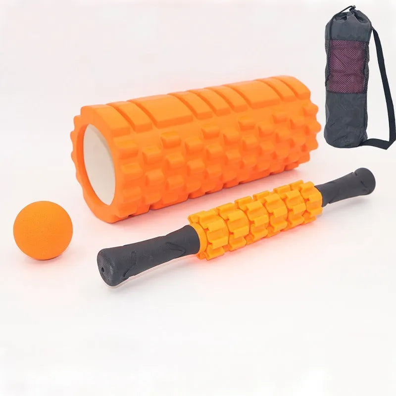 Black six-piece foam roller massage bar with gear design measuring 33cm length